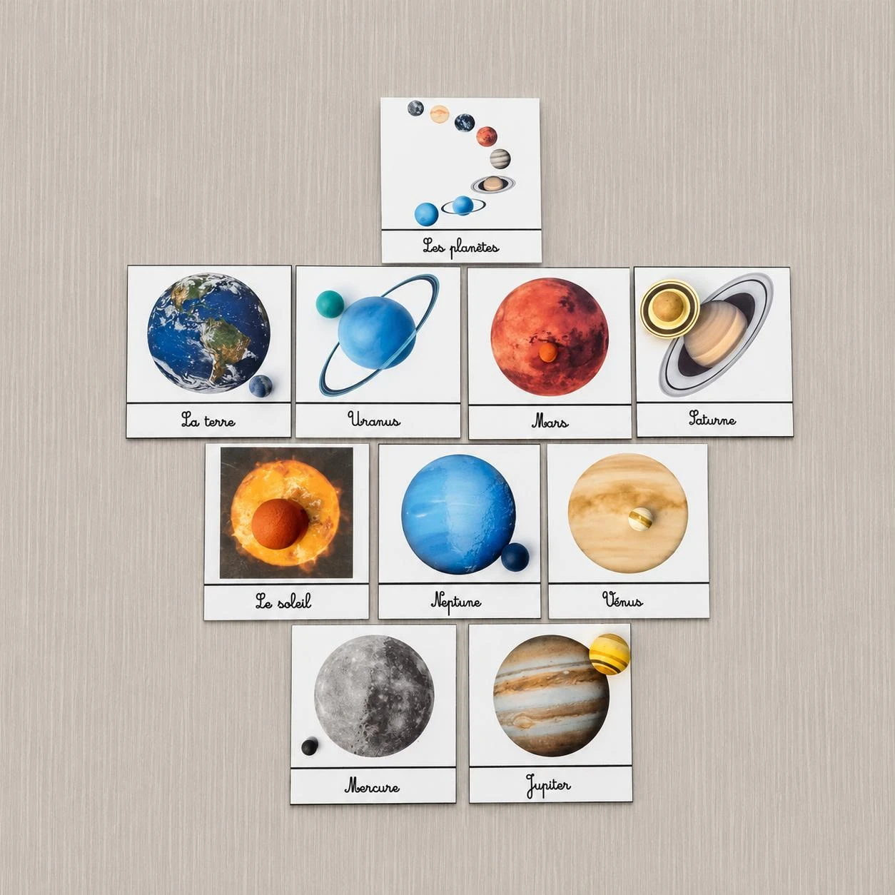 10 cartes de nomenclatures sur le système solaire avec planètes Montessori
